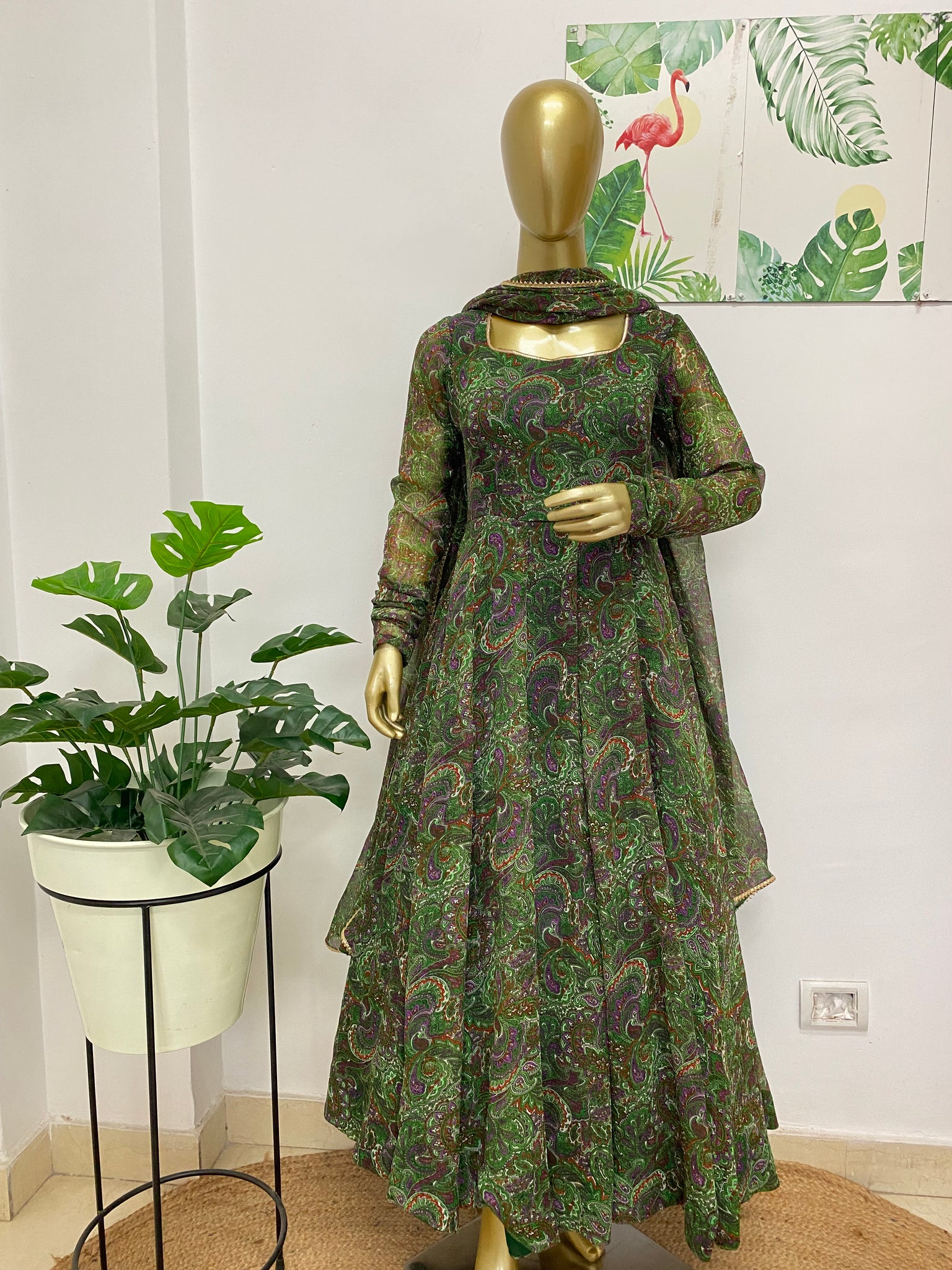 Printed green anarkali