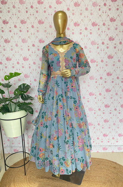 Grey floral partywear anarkali