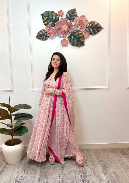 Pink printed chiffon anarkali