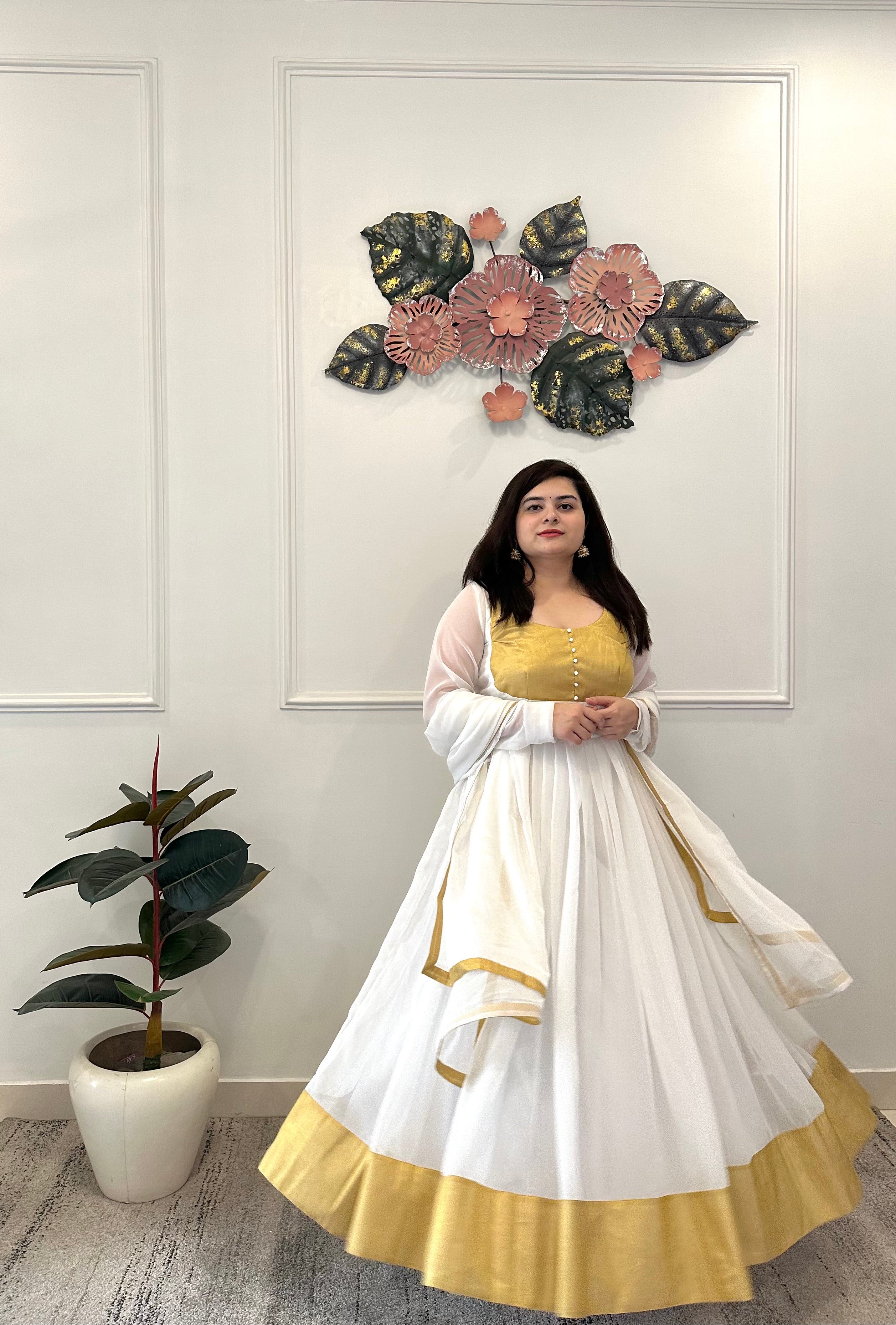 White Anarkali Dress With Golden Border Pristine White Anarkali, Shine Bright In This Ivory Anarkali White Anarkali Dress With Golden Border Pristine White Anarkali, Shine Bright In This Ivory Anarkali